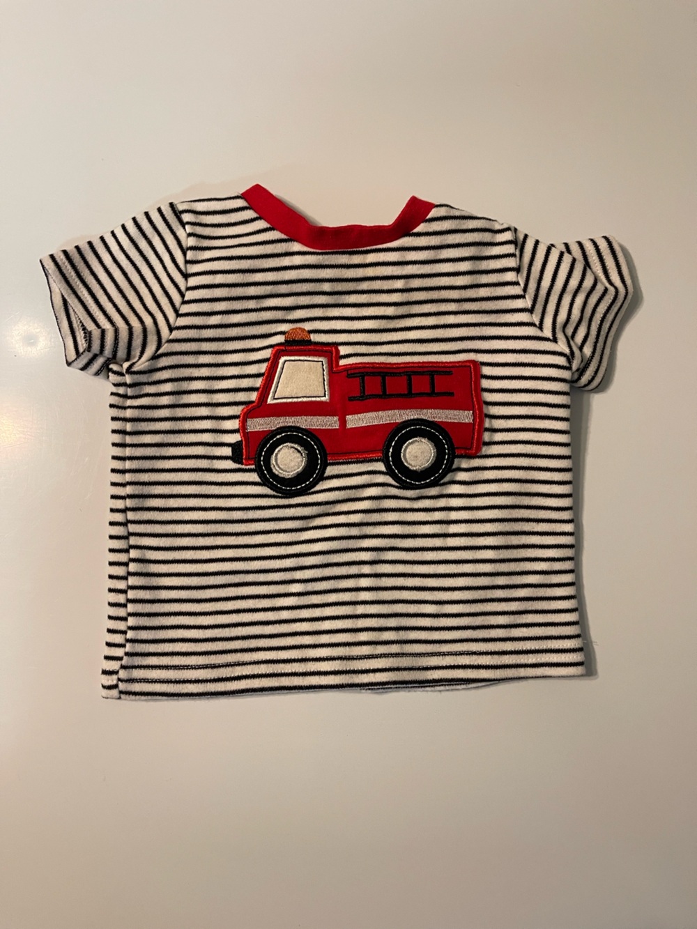 12m Striped Kids Tee with Red Fire Truck Applique